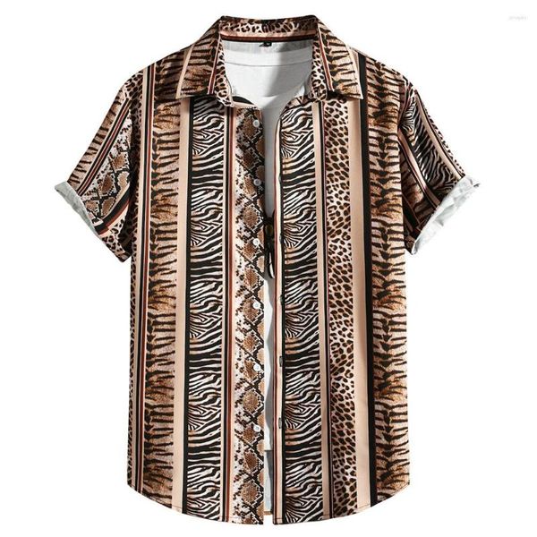 Camisas casuais masculinas 2023 listras verticais masculinas estampa de leopardo manga curta tops masculinos havaiano praia roupas finas roupas de verão