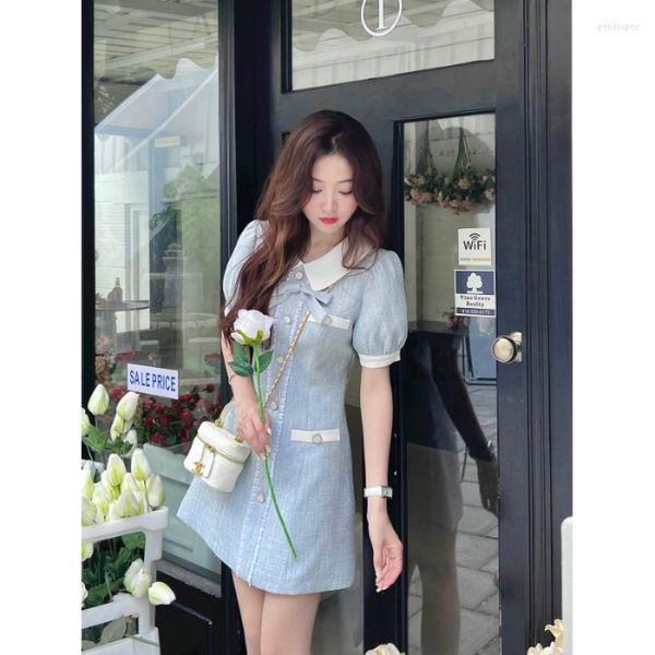 Sıradan elbiseler fransız tarzı yaz elbisesi kadınlar yay yaka puf kısa kol ince bel a-line tatlı mini Kore moda vestidos bornoz