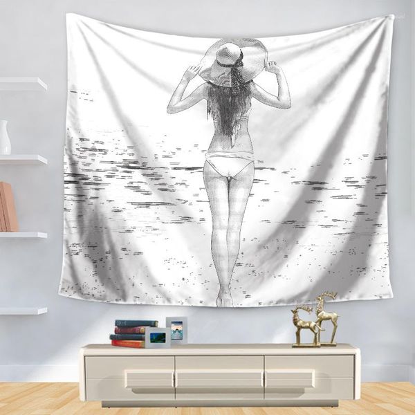 Arazzi Decorativo per la casa Appeso a parete Tappeto Arazzo 130x150 cm Rettangolo Copriletto Beach Girls Schizzo Pittura Modello GT1146