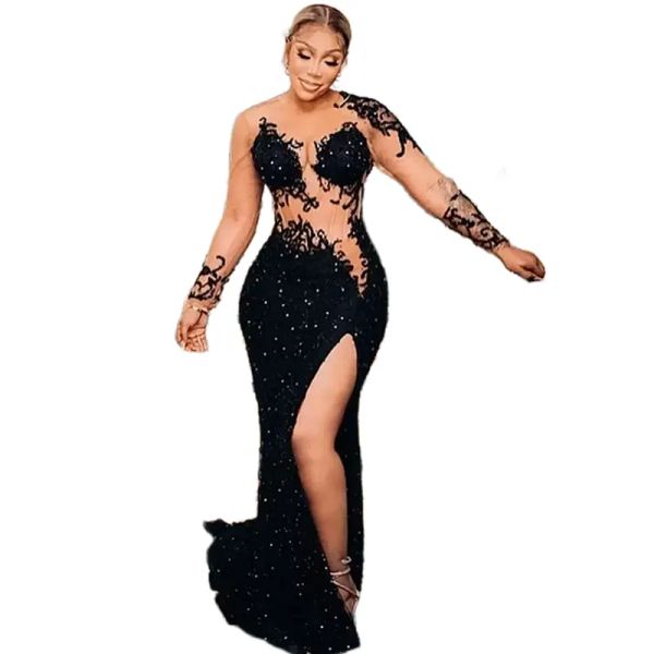 Aso Ebi African Black Mermaid Prom Dresses Sexy Illusion Corsetto Spettacolo Abito da fidanzamento Maniche lunghe Applique in pizzo Cristalli Abiti da sera arabi di lusso con perline