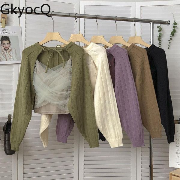 Damtröjor GkyocQ Vintage tröja snörning tjejer Camis långärmad solid koreansk mode cardigans tvådelad 2023 dam toppar