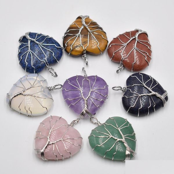 Charms Chakra Wire Wrap Handmade Tree of Life Heart Shape Natural Stone Lapis Tiger Eye Rose Quartz Pendant For Diy Jewelry Making N Dhmpx