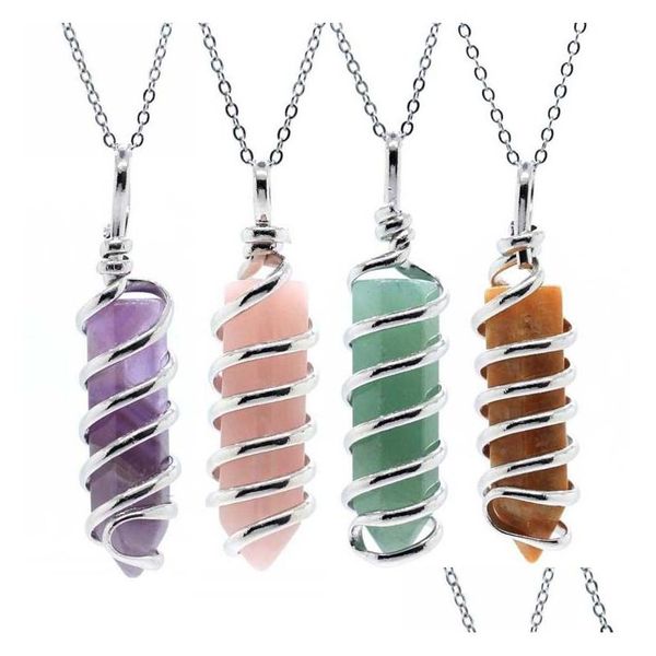 Anhänger Halsketten Mode Draht Wrap Hexagon Prisma Naturstein Carving Reiki Heilung Edelstein Halskette Für Frauen Schmuck Großhandel Drop DHF3F