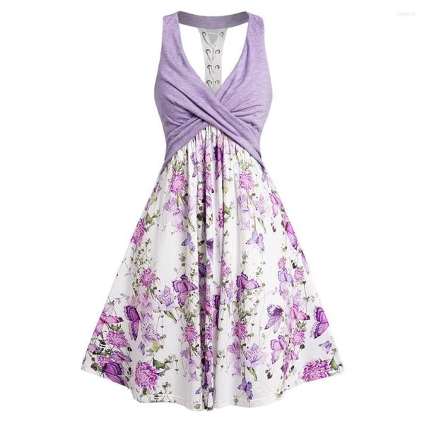Повседневные платья цветочные бабочки припечаток мини -платье кроссовер шнурок