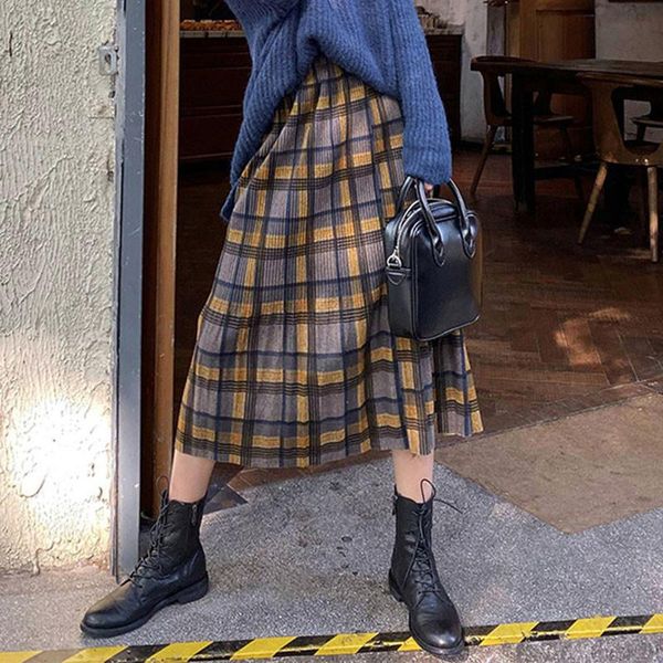 Vestidos de inverno grossos mulheres calorosas saias de plus size haruku cintura alta plissada saia de estilo coreano Midi Long Plaid Skirt for Girls School