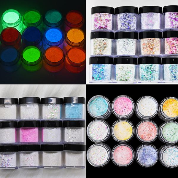 Acrílico Pós Líquidos 12 JAR Conjunto Imersão em Pó Nail Art Glitter Holográfico para Extensão Lantejoulas Luminosas Pó Profissionais CONJUNTO 230703