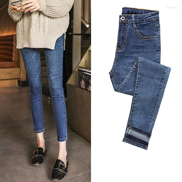 Damenjeans 2023 Vintage Blaue Hose Frauen Slim Mode Hohe Taille Füße Eng Teen Elastizität Lässige Klassische Bleistifthose A273