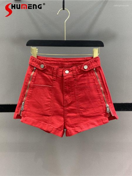 Frauen Jeans 2023 Sommer Damen Red Zipper Split Denim Shorts Lässige Hohe Taille A-Linie Gewaschen Breite Bein Hosen abnehmen