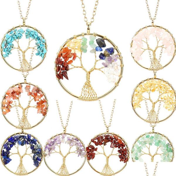 Collane con ciondolo Boho Irregar Chip Stone Crystal Wire Wrap Tree Of Life Ametista Quarzo rosa Collana con perline di chakra per le donne Jewelr Dh8B3