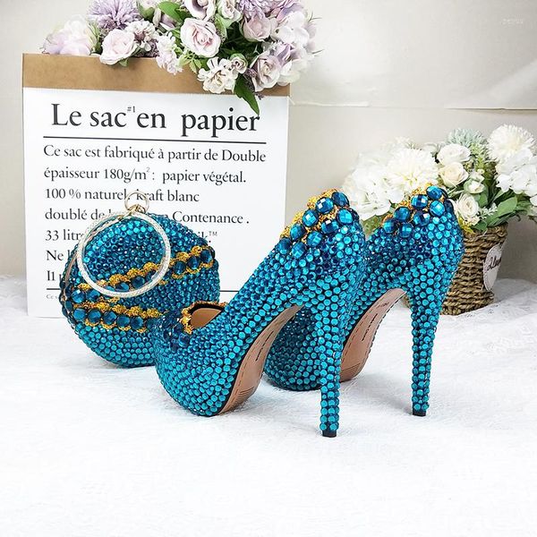 Sapatos sociais BaoYaFang cristal verde azulado casamento feminino com bolsas combinando salto alto plataforma e bolsa mulher