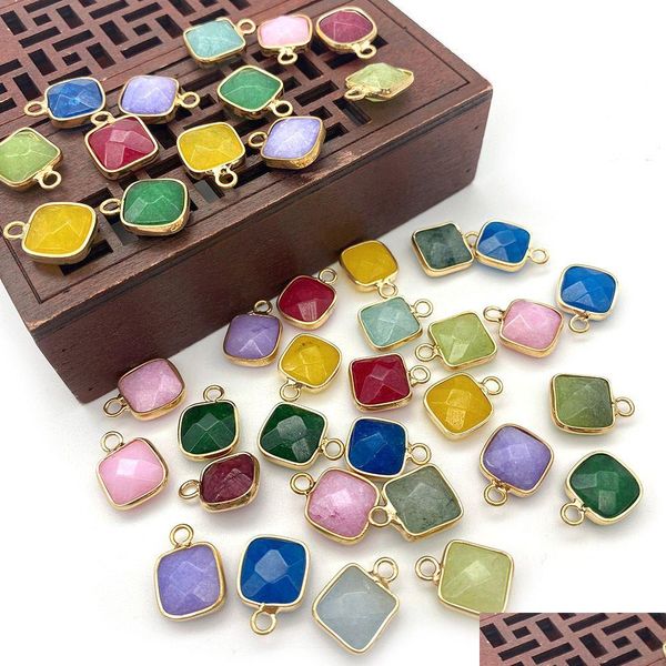 Charms 11x15mm Gold Bunding Edge Square Natürlicher Kristall Jade Stein Grün Blau Quarz Anhänger Trendy für Schmuckherstellung Großhandel Dr Dhe34