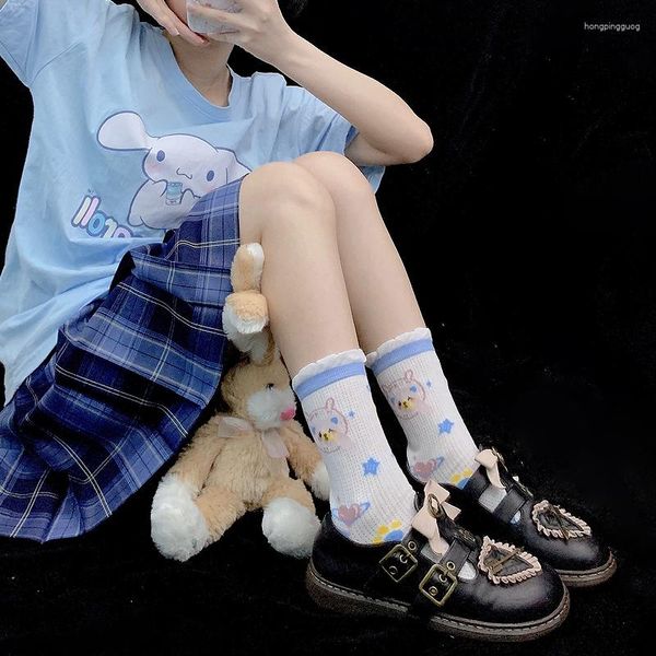 Frauen Socken Sommer Blase Dünne Baumwolle Hohl Mesh Atmungsaktive Sandalen Japanischen Cartoon Bär Lolita Mädchen Mid-rohr