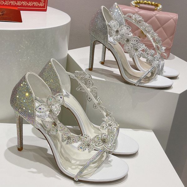 Rene Caovilla Stilletto Kristal Çiçek Topuklar Sandalet Pompaları Düğün Ayakkabıları Kadın Lüks Deri Dış Tabanı Gece Elbise Ayakkabı Fabrika Ayakkabı