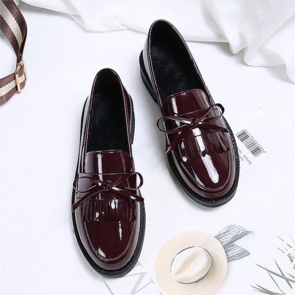 Kleidschuhe Chunky Single Female Frühling Herbst Damen Schleife Leder Student Fransen Loafers England C400