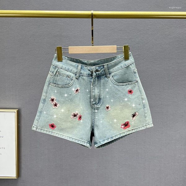 Frauen Jeans Harajuku Bestickte Denim Shorts Für Frauen 2023 Sommer Weibliche Kausalen Strass Breite Bein Hosen