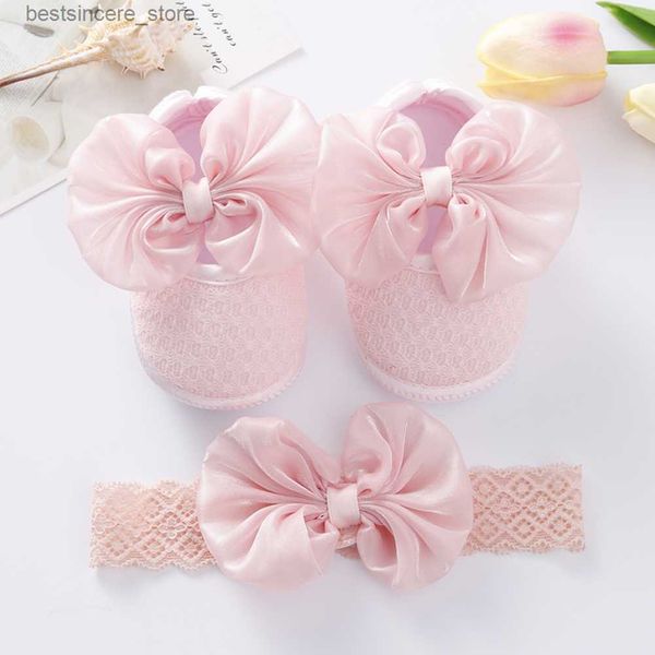 Baby Girl Shoe + Fasce Set Cute Bowknot Neonato Scarpe per ragazze antiscivolo Pavimento Prewalkers Scarpe Battesimo Regali per bambini L230522