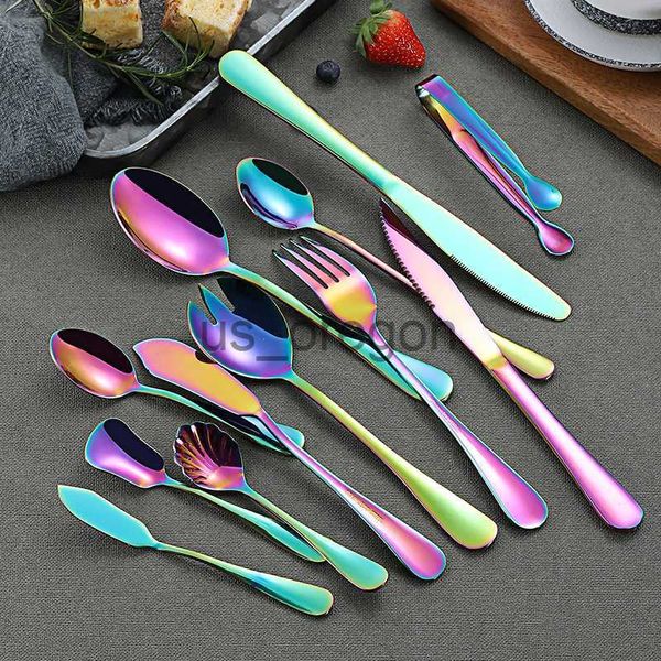 Geschirr-Sets Großhandel Regenbogen Besteck Set Edelstahl Geschirr Geschirr Besteck Sets Abendessen Messer und Gabel Drop Shipping x0703