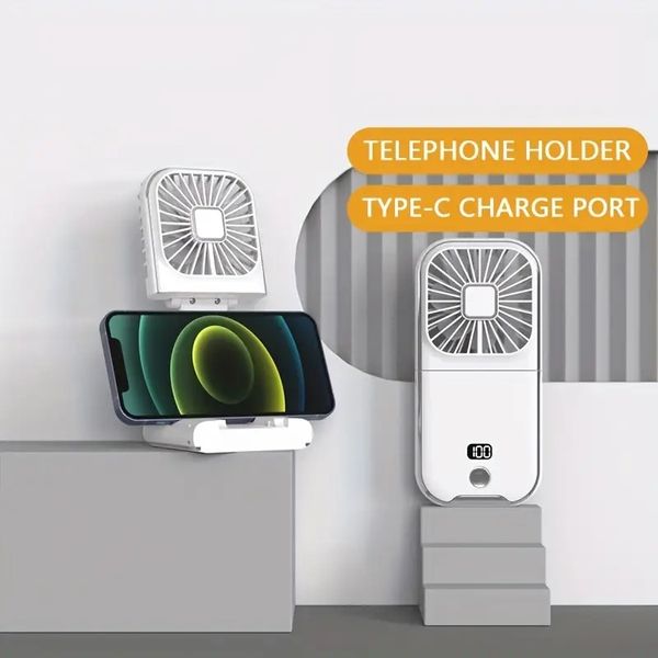 1 peça 3 em 1 display digital portátil ventilador pequeno, 3000mah usb ventilador elétrico de pescoço pendurado com suporte dobrável para celular, banco de energia de carregamento rápido