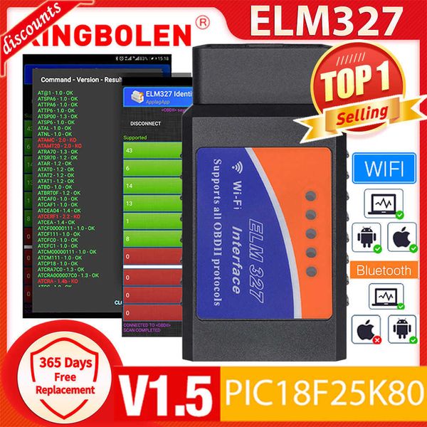 Novo elm327 v1.5 obd2 scanner pic18f25k80 bt/wifi elm 327 obd ferramenta de diagnóstico do carro para android/ios pk vgate icar2 leitor de código