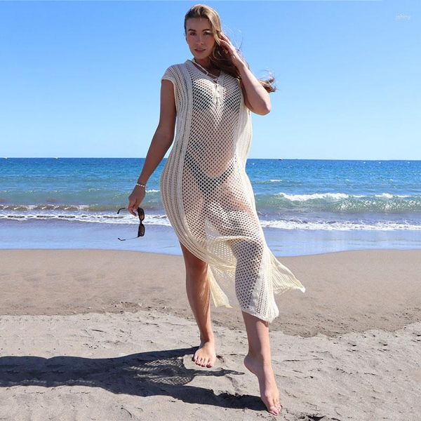 Damen-Badebekleidung, sexy Kurzarm-Bikini-Vertuschungen, beige Häkelstrick-Sommer-Long-Strandkleid, Frauen tragen Badeanzug-Vertuschungen