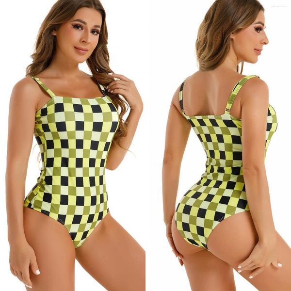 Damenbadebekleidung Gelb Plaid Gedruckt Einteiliger Badeanzug Sexy Spaghettiträger Frauen Monokini 2023 Mädchen Strand Badeanzüge