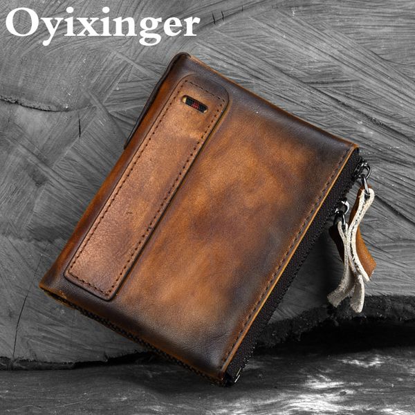 Oyixinger męski portfel oryginalna skórzana torebka dla mężczyzn ręcznie robionych swobodnych mężczyzn krótki portfel retro podwójny zamek błyskawiczny