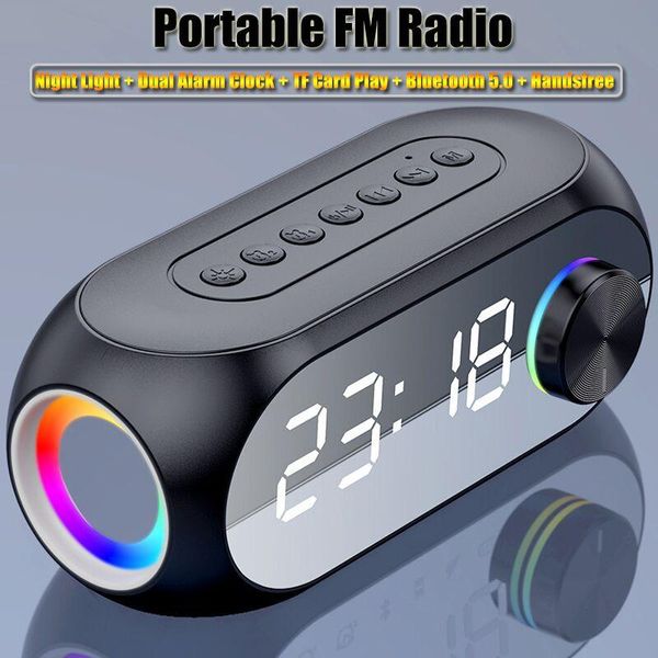 Radio Ricevitore FM radio portatile Altoparlante Bluetooth Suono surround Lettore musicale Luce notturna a led con sveglia Supporto vivavoce