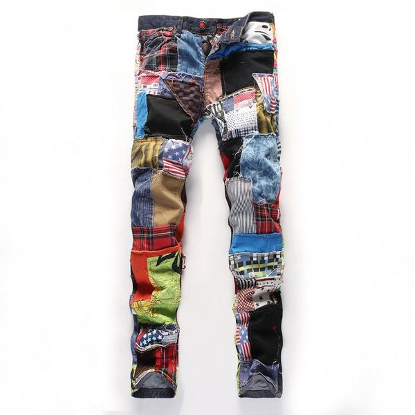 Jeans de grife masculino reta motocicleta motociclista estilo streetwear calças jeans coloridas bandeira roupas289b