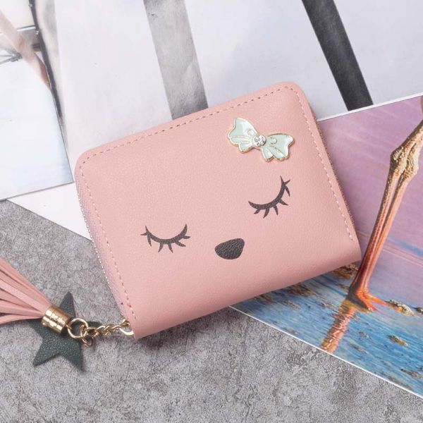 Carteira Feminina Novo Estilo Coreano Simples Caricatura Feminina com Zíper Pequena Carteira com Borla Mini Bolsa de Moedas Feminina Clutch Titular do Cartão