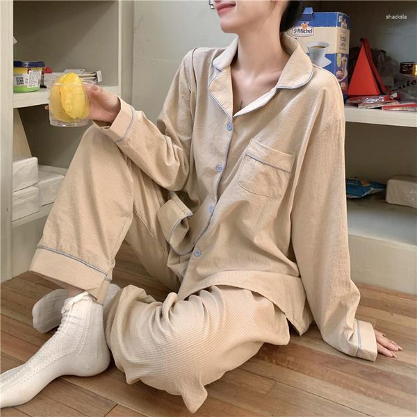 Damen-Nachtwäsche, koreanischer lässiger weicher Baumwollleinen-einfacher Nadelstreifen-Pyjama mit lockerem Revers und Knopf-Cardigan-Hose, Herbst-Winter-Homewear-Anzug