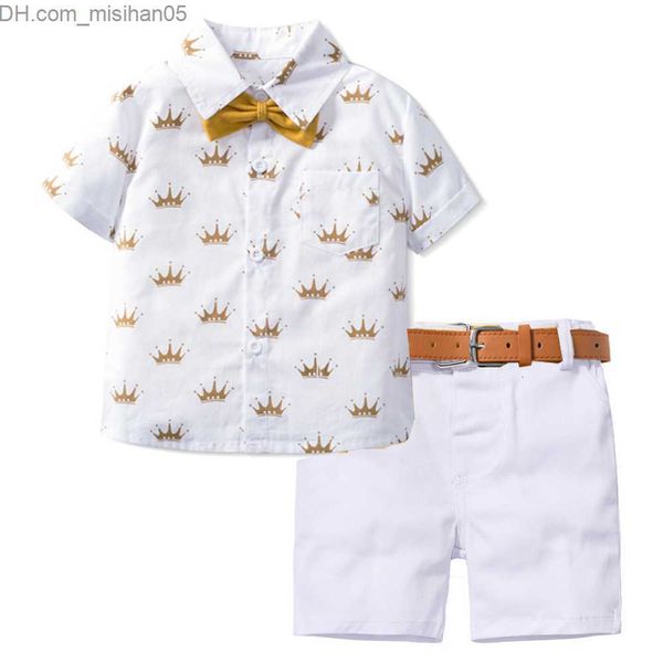 Kleidungssets Kleidungssets Sommer Kinder Jungen formelles Outfit Anzug Krone bedrucktes Hemd mit Schleife Ledergürtel Junge Geburtstagsfeier Kleidungsset 1 2 3 4 5 6 Jahre 230207 Z230703