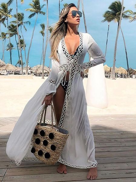 Costumi da bagno da donna 2023 Tunica all'uncinetto bianca Parei lunghi Copricostume da bikini Abito lungo Robe De Plage Cardigan Costumi da bagno da donna Costume da bagno Sarong