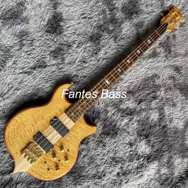 Guitarra baixo elétrico custom grand fantes baixo estilo alambique Burst Maple Top 4 cordas pescoço através do corpo em pintura amarela