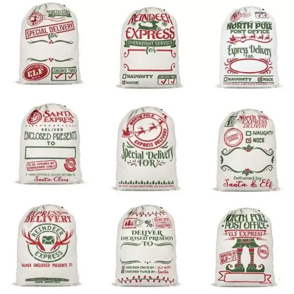 Stock Santa Sack Bags Рождественские украшения льняная шнурки для шнурки подарки подарки 12 стилей DHL Shipping A0703