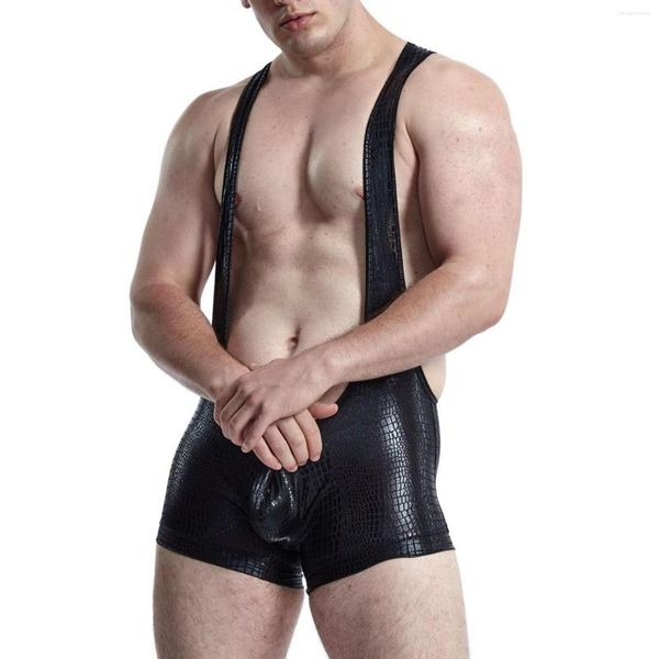 Damen-Bademode, Einteiler für Herren, ärmellose Träger, Kunstleder, Schlangen-Shorts, Overall, offener Rücken, Ausbuchtungsbeutel, Bodysuit, Nachtclub