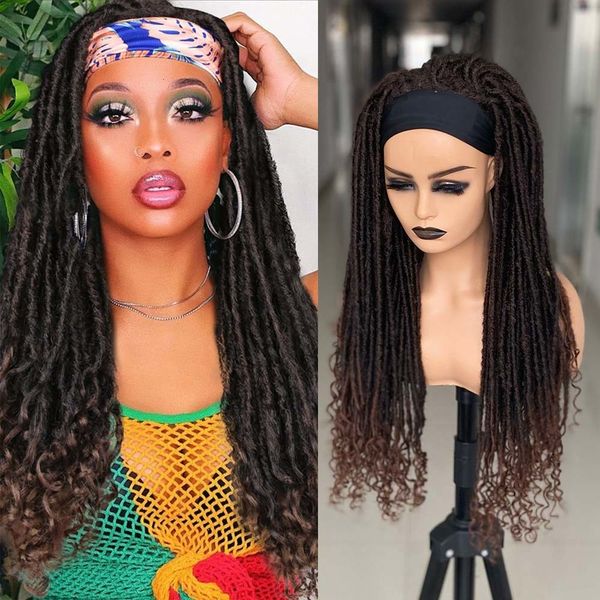 Perucas sintéticas 26 polegadas de comprimento Goddess Locs Dreadlock Headband perucas com cachecol Ombre Brown Braiding Crochet Twist Hair perucas para mulheres negras 230701