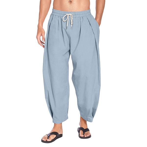 Pantaloni pantaloni harem di lino di cotone maschile disegnare corda casual sciolto leggero sabbioso di yoga tasca da yoga 7 punti pantaloni 2022 NUOVO
