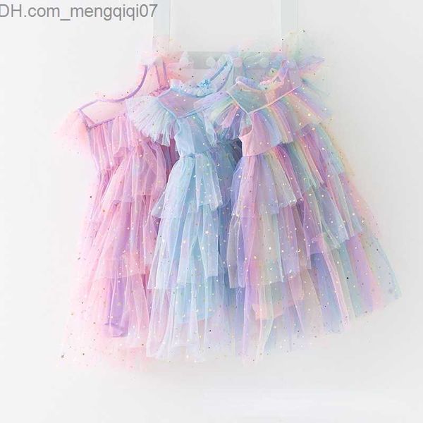 Vestidos para meninas Vestidos para meninas Meninas Tule Super Fairy Princesa Vestidos Manga Mosca Arco-íris Estrela Lantejoulas Vestido Bolo Crianças Malha Fofa Aniversário Z230704