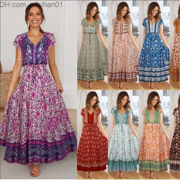 Sıradan Elbiseler Pamuk Kadınlar Yaz Boho Elbise Bohemian Maxi Robe Sıradan V yaka Kısa Kollu Düğme Çiçek Baskı Uzun Plaj Elbiseleri Vestidos 220531 Z230703