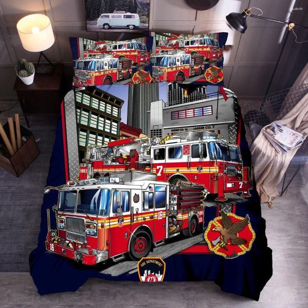 Set di biancheria da letto 3D Cartoon Stampato Fireman Firefighter Truck Set 3 pezzi Copripiumino Federa Piumino Biancheria da letto per la casa