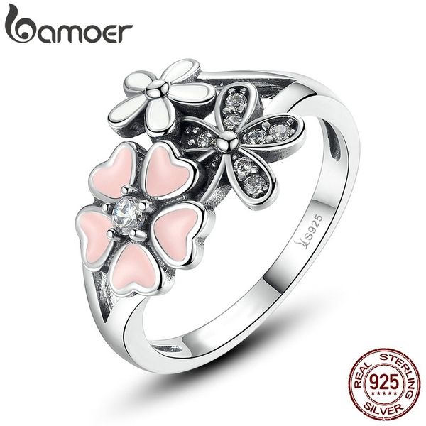 Mit seitlichen Steinen, modischer Fingerring aus 925er-Sterlingsilber, rosa Blume, poetisches Gänseblümchen, Kirschblüten-Fingerring für Damen, Größe 6, 7, 8, 9, Schmuck SCR004 230701