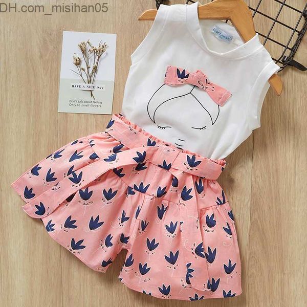 Conjuntos de roupas Conjuntos de roupas para meninas Conjunto de roupas de verão Camiseta sem mangas e shorts com laço estampado para meninas crianças 3 5 7 anos Z230703