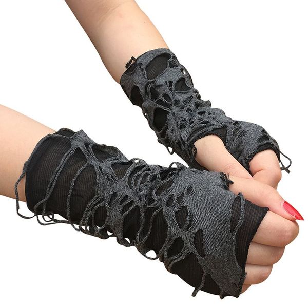 Gotyckie czarne długie rękawiczki bez palców Punk Hole pół palca rękawiczki ocieplacz na ręce żebrak Cosplay kostium na Halloween akcesoria