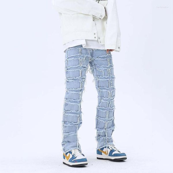 Jeans Masculino High Street Hip-hop Calças Retas Masculinas Vintage com Manchas de Pele com Franjas Casais Harajuku Moda Calças Soltas Laváveis Unissex