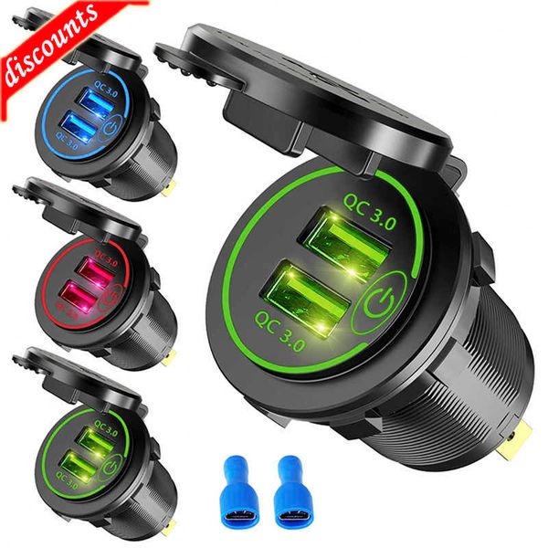 Novo carregamento rápido 3.0 USB duplo rápido carregador de carro acessórios tomada à prova d'água 12V/24V QC3.0 tomada com interruptor de toque luz led