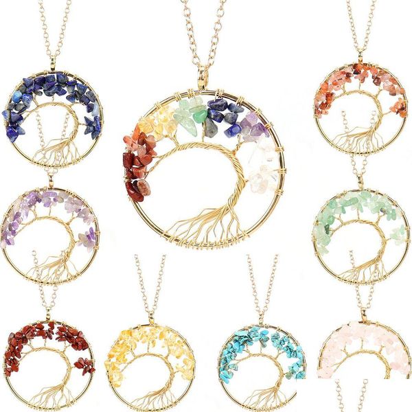 Collane con ciondolo Lotti Irregar Chip Stone Crystal Wire Wrap Tree Of Life Ametista Quarzo rosa Collana di perline di chakra per le donne Jewelr Dhgkn