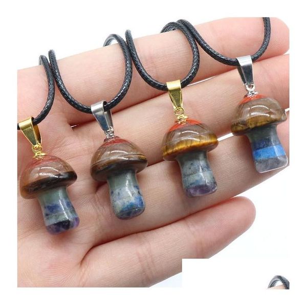 Colares com pingente de arco-íris de 2 cm, pedra natural, escultura em forma de cogumelo, Reiki, cura, 7 chakras, colar de cristal para mulheres, joias, gota Del Dhybv