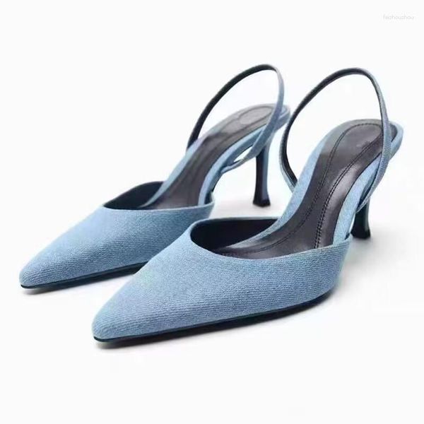 Sapato social TRAF 2023 Azul Cowboy Ponta Pontuda Sapato de Salto Alto Feminino Moda Verão Slingback Feminino Salto Alto Salto Alto Esguio Mules