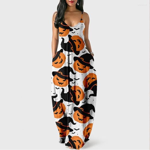 Abiti casual Skull Skeleton Print Halloween Abito lungo da donna senza maniche Zucca tasca allentata Maxi Festival Vestido