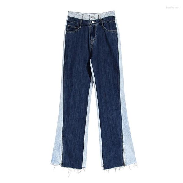 Damen-Jeans, hohe Taille, Kontrastnähte, Denim-Hosen, geteilt, gewaschen, Distressed, weites Bein, weiblich, lässig, vielseitig, Streetwear